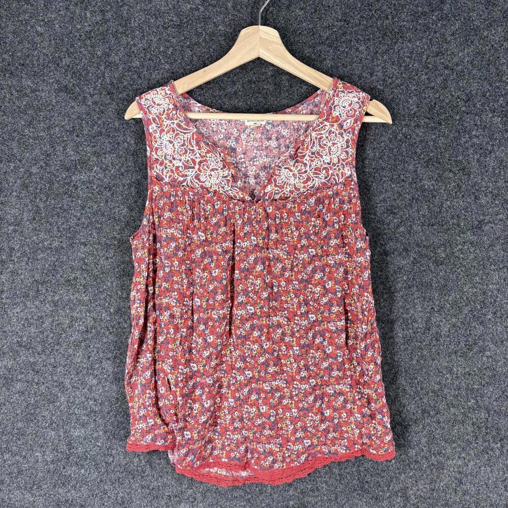 Sleeveless Floral Lace Yoke Tank Top - Rust Floral